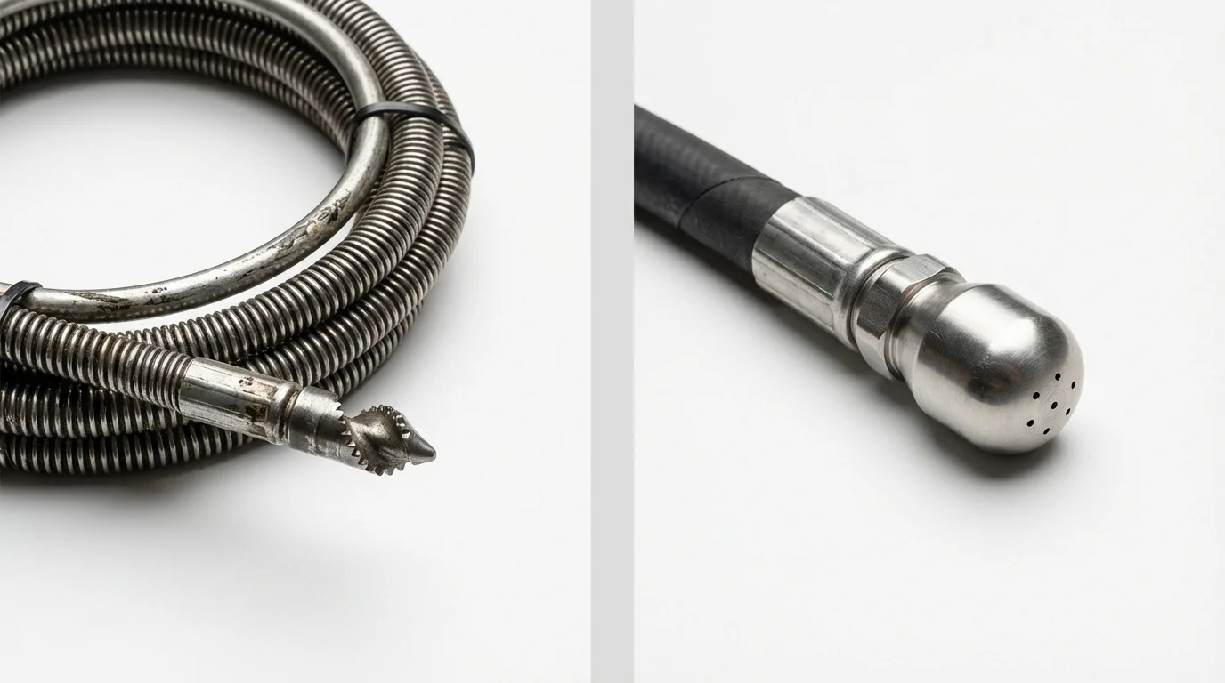 Drain snake cable and hydro jetting nozzle used for drain cleaning in Senoia, GA