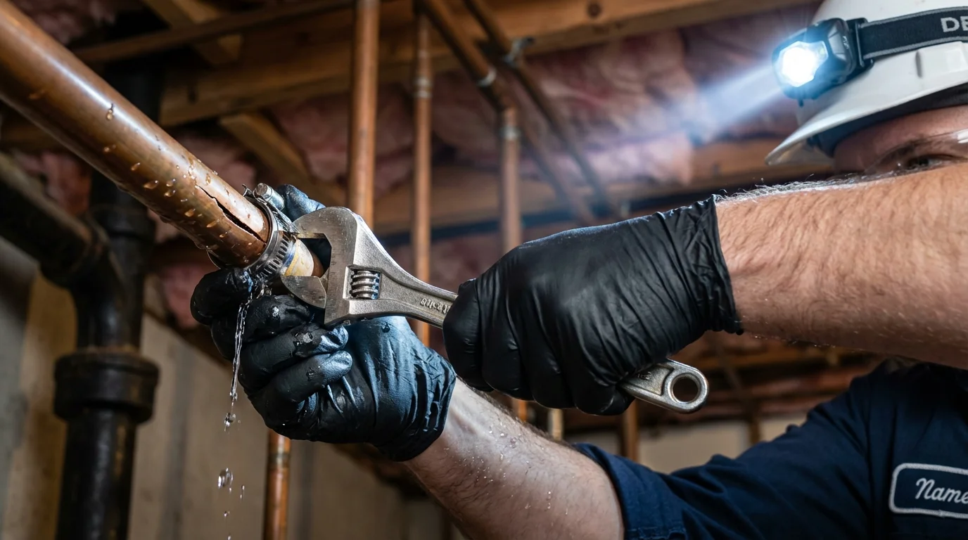 Emergency pipe clamp repair being performed by a Johns Plumbing LLC plumber in Senoia