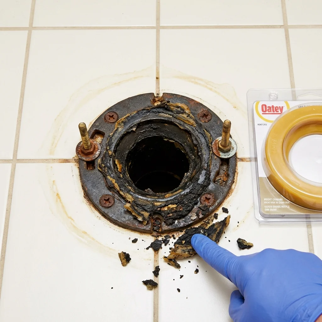 Failed wax ring showing water seepage at the base of a toilet in a Senoia, GA home