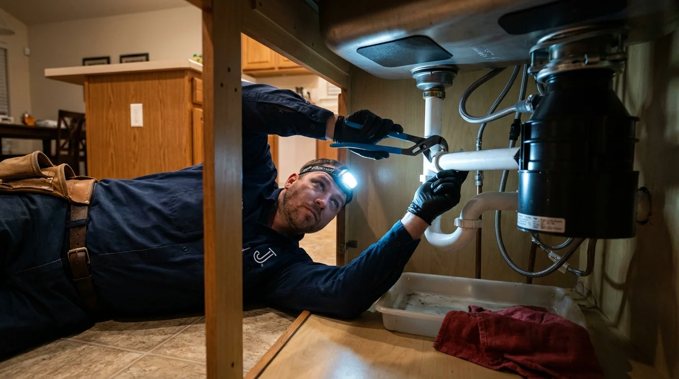 P-trap and supply line connections under a kitchen sink showing a common leak point in Senoia, GA